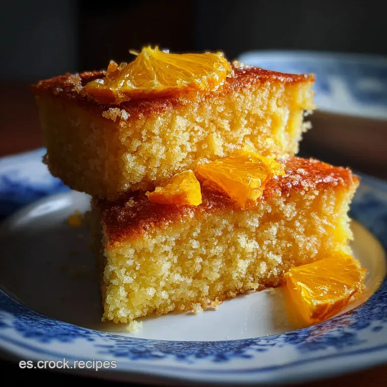 Slice of bright orange cake on white plate with citrus zest, showcasing soft crumbs and moist interior. Sunshine yellow pe...