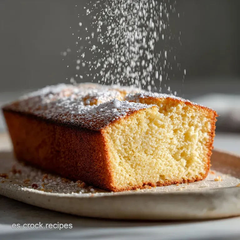 Slice of moist yogurt cake on a white plate. Light catches the cake's soft crumb. Hints of browned edges add texture and a...