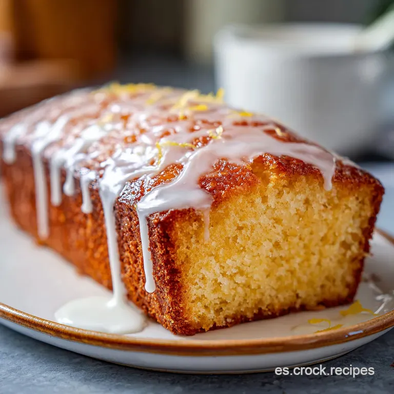 Slice of moist lemon cake with a glistening glaze, artfully plated. A fork rests nearby, ready to cut into the light and a...