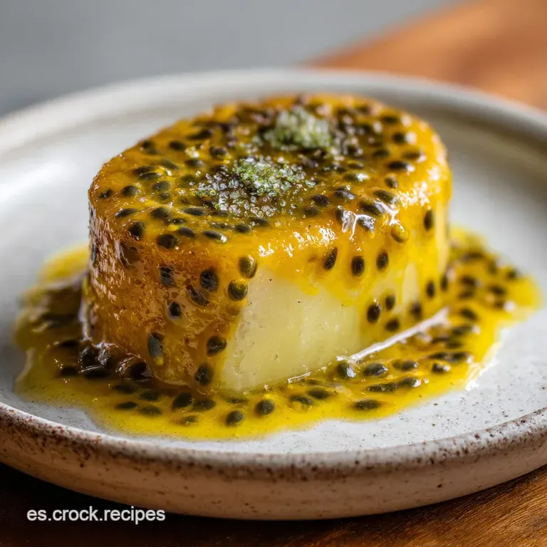 A slice of bright yellow passion fruit cake with a shiny glaze, decorated with flowers, on a white plate.