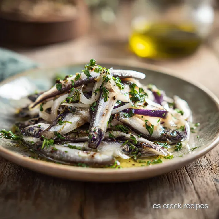 Delicate white anchovies artfully arranged on a bright white plate, flecked with green parsley and drizzled with golden oil.