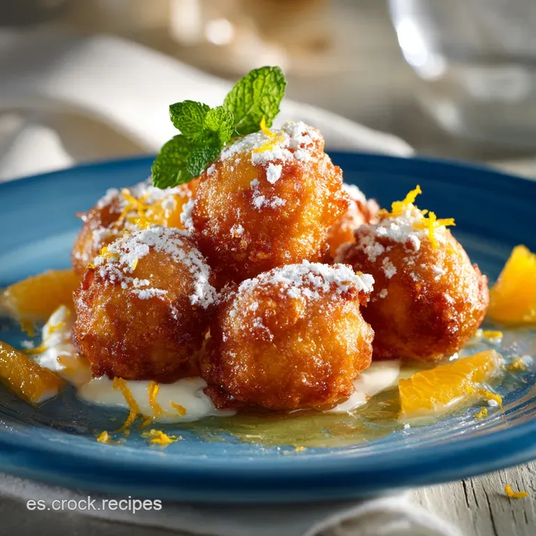 Bu&ntilde;uelos dulces de naranja Nubes c&iacute;tricas con jarabe de azahar
