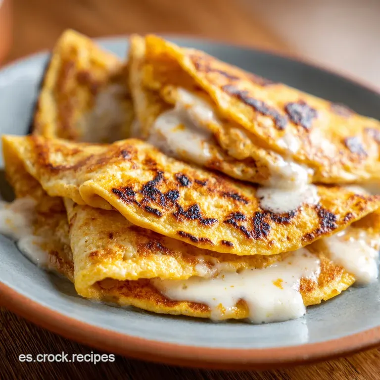 Dos tortitas amarillas dobladas con queso blanco derretido, servidas con mantequilla sobre un plato de cer&aacute;mica blanca.