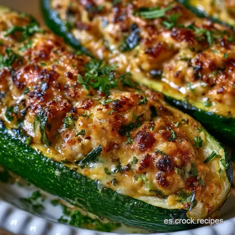 Calabac&iacute;n asado con costra de queso fundido y brillante, servido en plato minimalista con un toque de hierbas verdes.