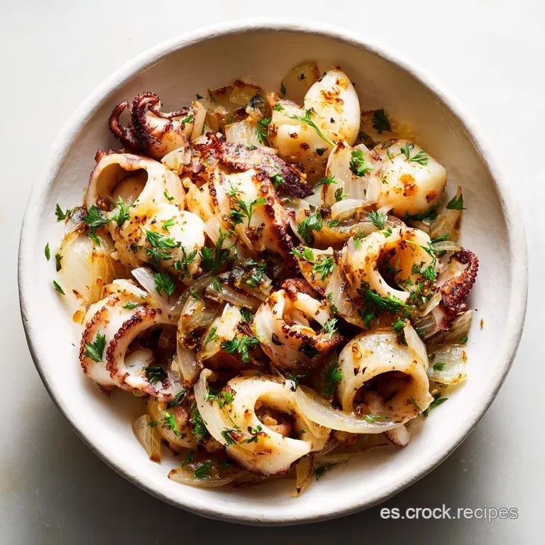 Calamares encebollados plated beautifully, the glistening squid and onions artfully arranged, garnished with fresh parsley.