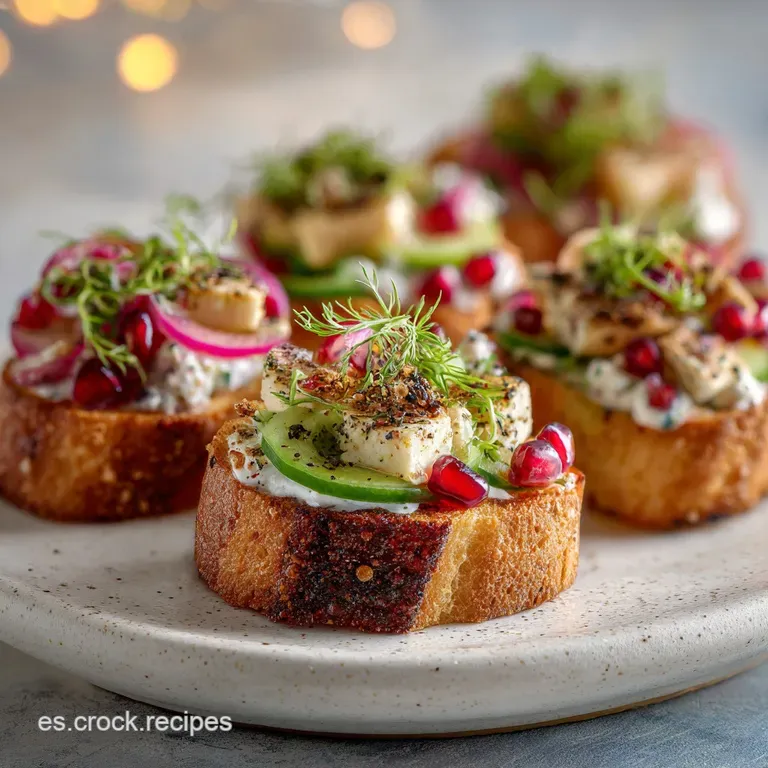 Elegant small plates showcase the pintxos. Garnished with herbs. A drizzle of olive oil glistens on the colorful ingredien...