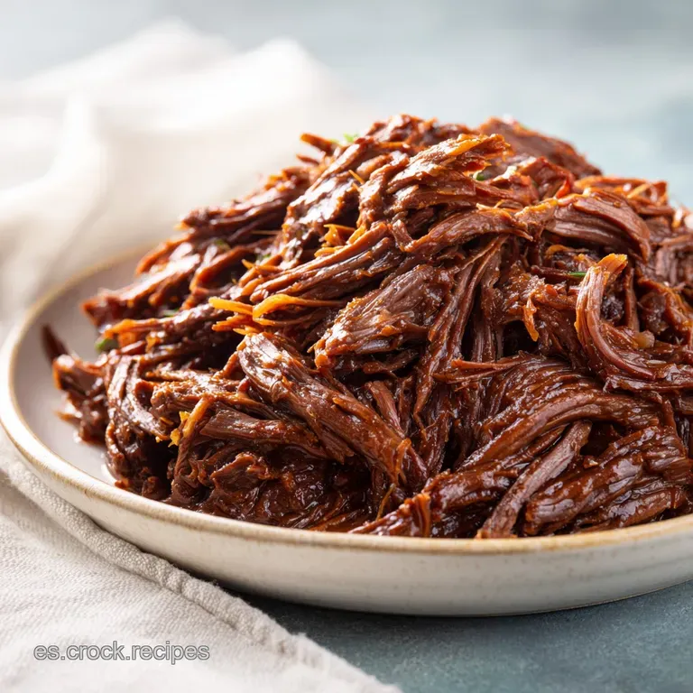 A neat mound of juicy shredded beef drizzled with glossy brown sauce, garnished with fresh green herbs on white porcelain.