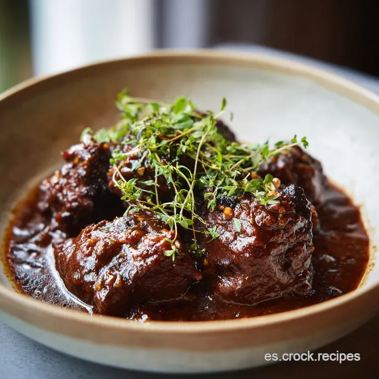 A serving of glistening, slow-cooked meat in a deep, savory sauce, garnished with herbs and a swirl of cream. Appetizing a...