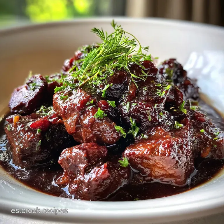 Braised pork cheeks plated elegantly, bathed in a deep, mahogany sauce, sprinkled with fresh herbs and plated with creamy ...
