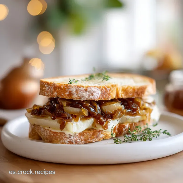 Elegant sandwich half with dripping melted gouda presented on a wooden board, pear slices fanned out, beside a small green...