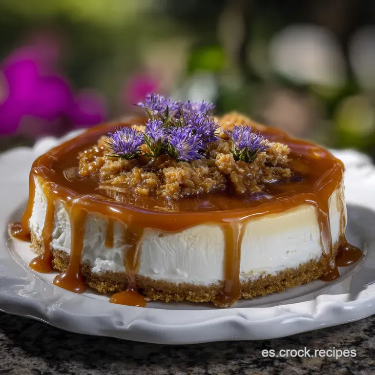 Creamy cheesecake slice, swirled dulce de leche topping, on a plate, with a scattering of golden cookie crumbs and a cool,...