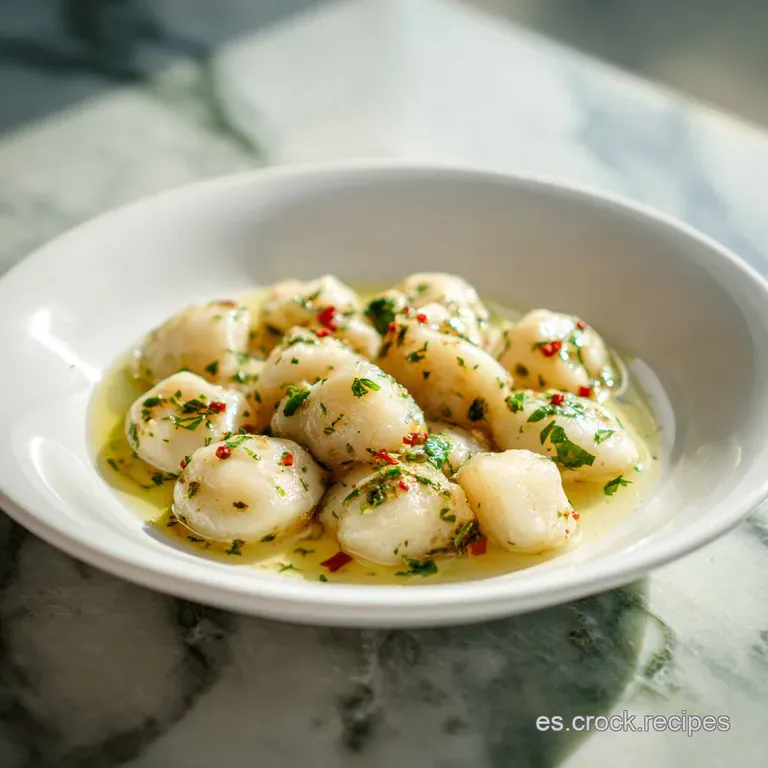 Elegant plate of tender cocochas bathed in creamy, light-yellow pil pil sauce, garnished with fresh parsley, showcasing a ...