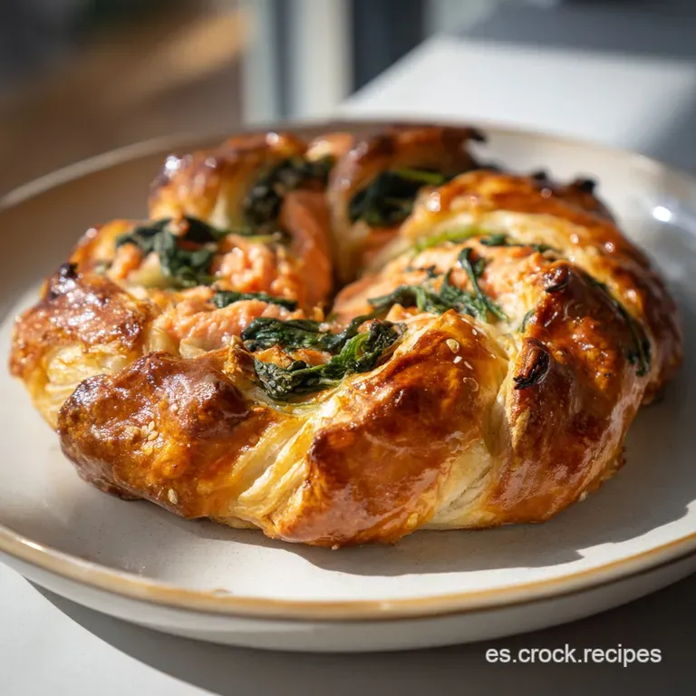 Flaky pastry ring elegantly served, showcasing tender pink salmon and bright green spinach filling.
