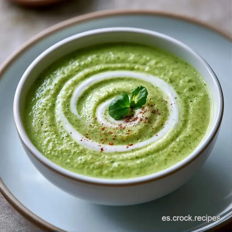 Sopa espesa de color verde suave servida en plato hondo, adornada con semillas tostadas y pimienta negra molida.