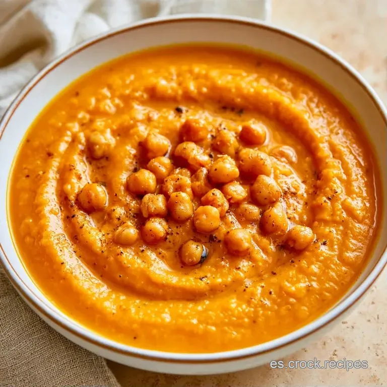 Crema naranja aterciopelada en cuenco cerámico con un remolino de nata blanca y hojas verdes frescas encima.