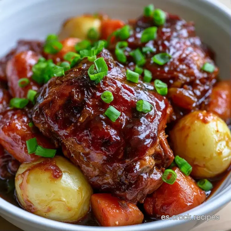 Pollo tierno bañado en salsa carmesí brillante, acompañado de verduras cocidas en un elegante cuenco de cerámica.
