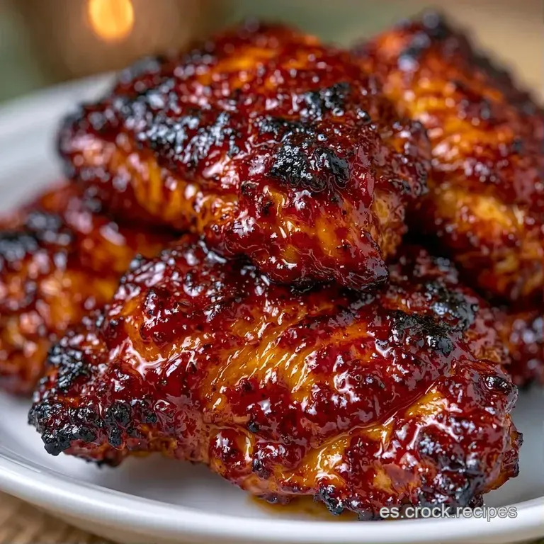 Pollo caramelizado rojo intenso servido en plato blanco, decorado con cebollino fresco y un toque de sésamo tostado.