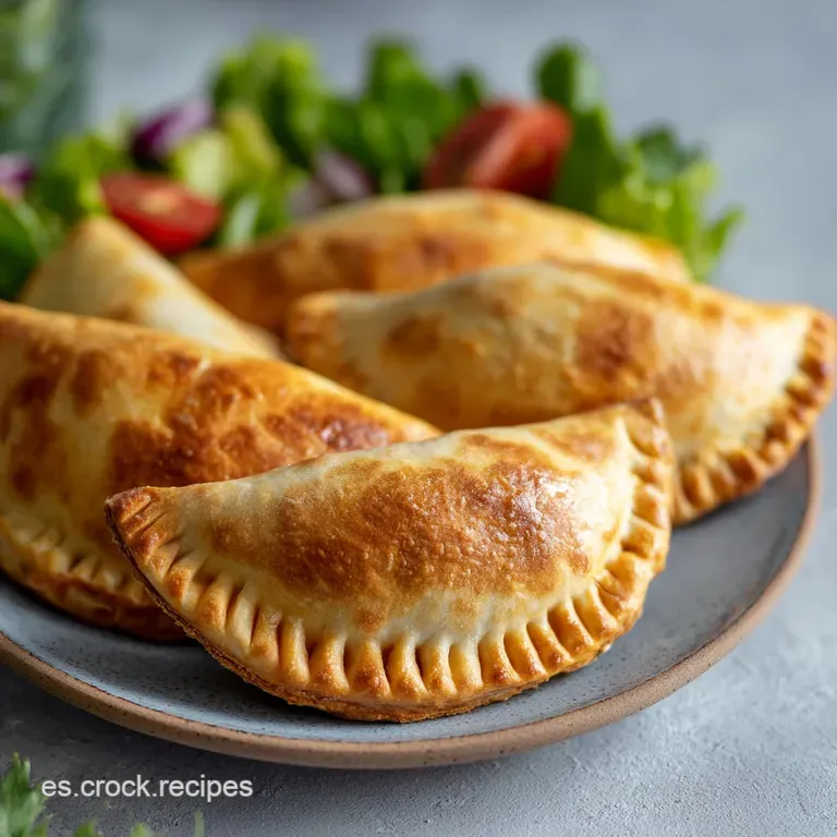 Crisp empanadas stacked elegantly, drizzled with a vibrant sauce and fresh herbs.