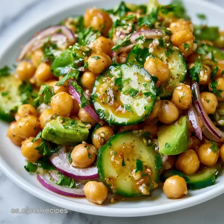 Ensalada fresca en cuenco blanco; contrastan el verde brillante del pepino con el tono crema de los garbanzos cocidos.