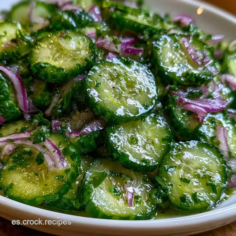 L&aacute;minas transl&uacute;cidas de pepino verde organizadas en un plato blanco, resaltando el brillo del aceite y el eneldo.