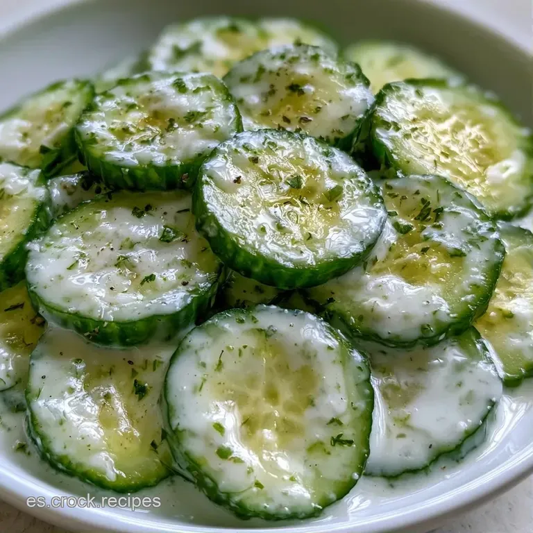 Rodajas de pepino dispuestas en espiral sobre un plato blanco, decoradas con semillas blancas y hojas de menta fresca.
