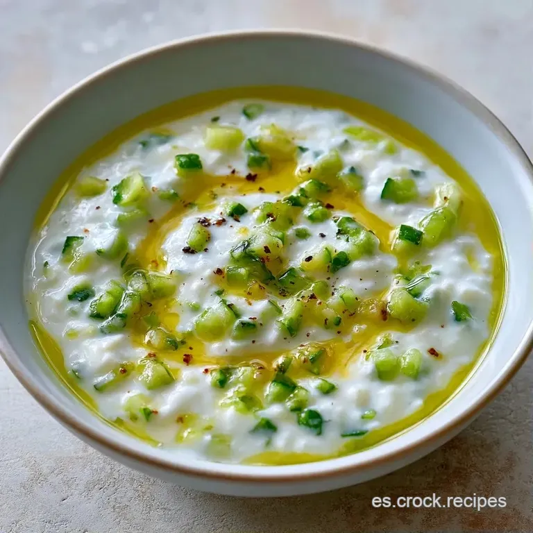 Plato blanco con crema espesa, trozos de pepino crujiente y un hilo de aceite dorado que brilla bajo la luz.