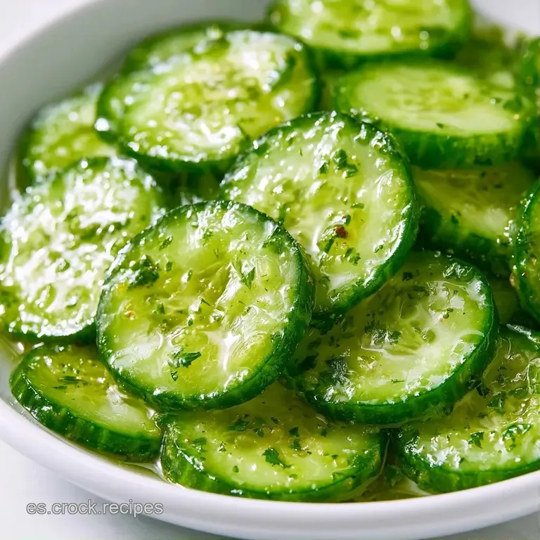 Pepinos cortados en c&iacute;rculos perfectos, ba&ntilde;ados en un ali&ntilde;o ligero y brillante, servidos sobre un plato minimalista.