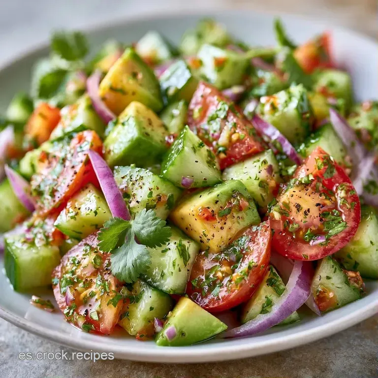 Ensalada dispuesta en plato blanco con cubos rojos vibrantes, verdes intensos y una textura cremosa y sedosa envolvente.