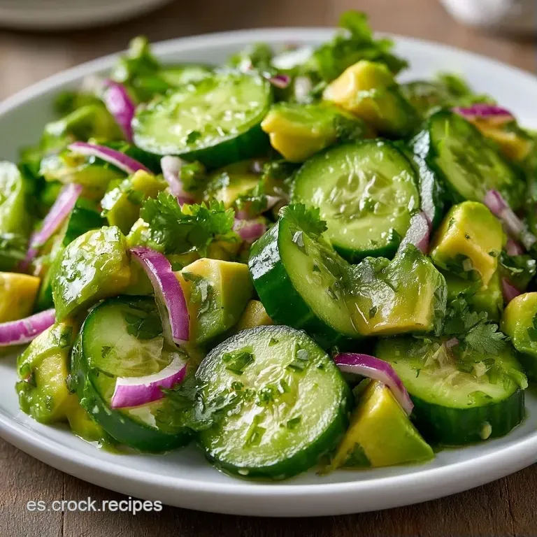 Ensalada dispuesta en plato blanco con l&aacute;minas finas de aguacate y pepino, decorada con semillas y hojas verdes frescas.
