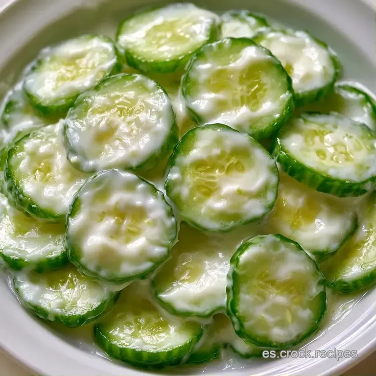 Pepinos cortados en c&iacute;rculos perfectos dispuestos con esmero, cubiertos de crema blanca brillante y un toque de pimienta.
