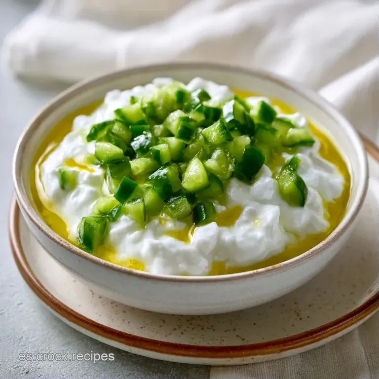 Plato blanco con ensalada cremosa adornada con aceite de oliva dorado y finas hierbas picadas sobre fondo neutro.