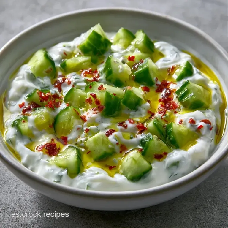 Bol blanco con pepinos verdes brillantes envueltos en salsa cremosa, decorados con hierbas frescas y pimienta negra.