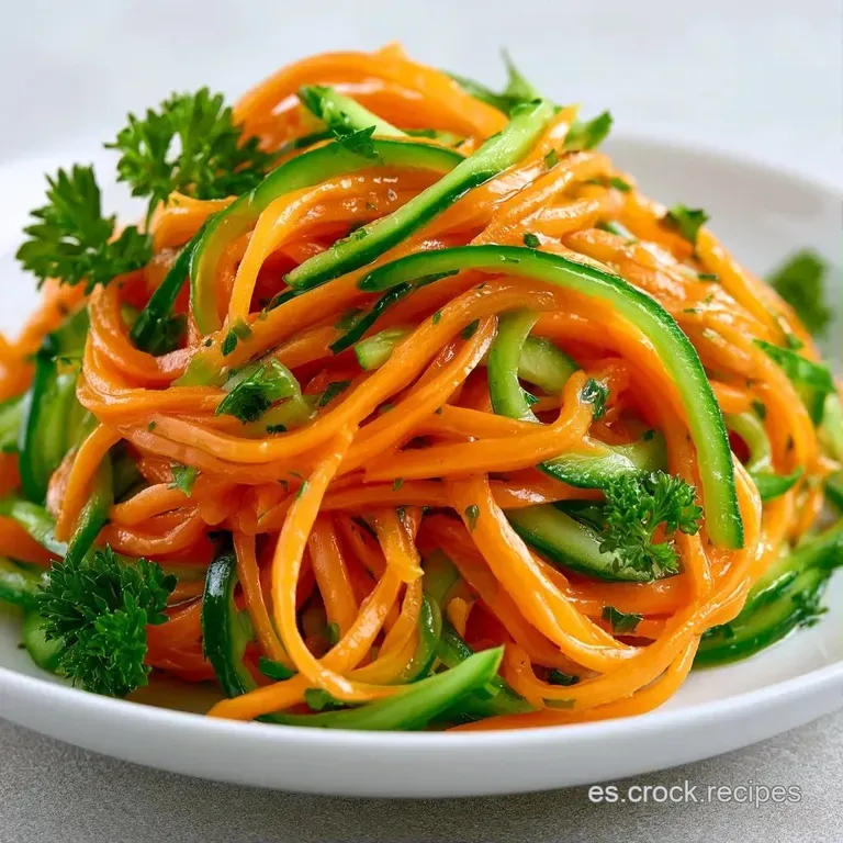Ensalada fresca dispuesta en espirales naranjas y verdes sobre plato cer&aacute;mico, adornada con semillas blancas peque&ntilde;as.