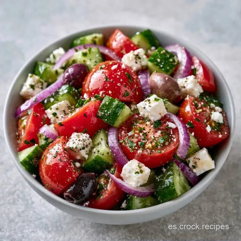 Ensalada colorida dispuesta en plato blanco, con rodajas frescas de tomate y pepino adornadas con hojas de albahaca verde.