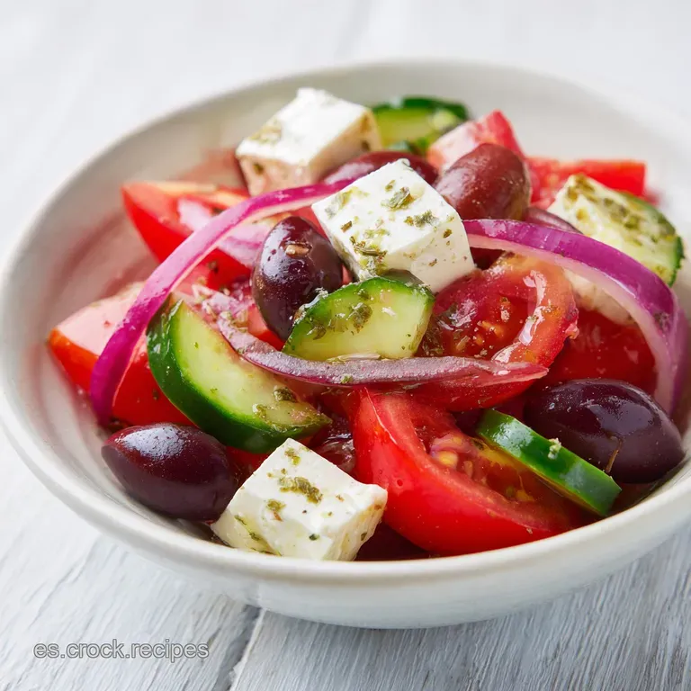 Ensalada fresca en plato blanco con cubos de queso feta, cebolla morada y or&eacute;gano seco espolvoreado sobre los vegetales.