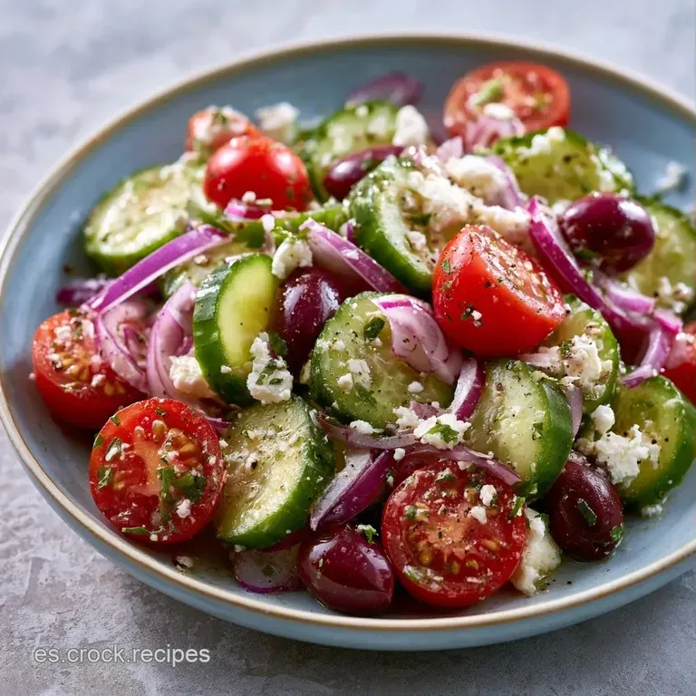 Plato blanco con cubos de queso feta blanco, pepinos frescos y tomates rojos decorados con or&eacute;gano y aceite dorado.