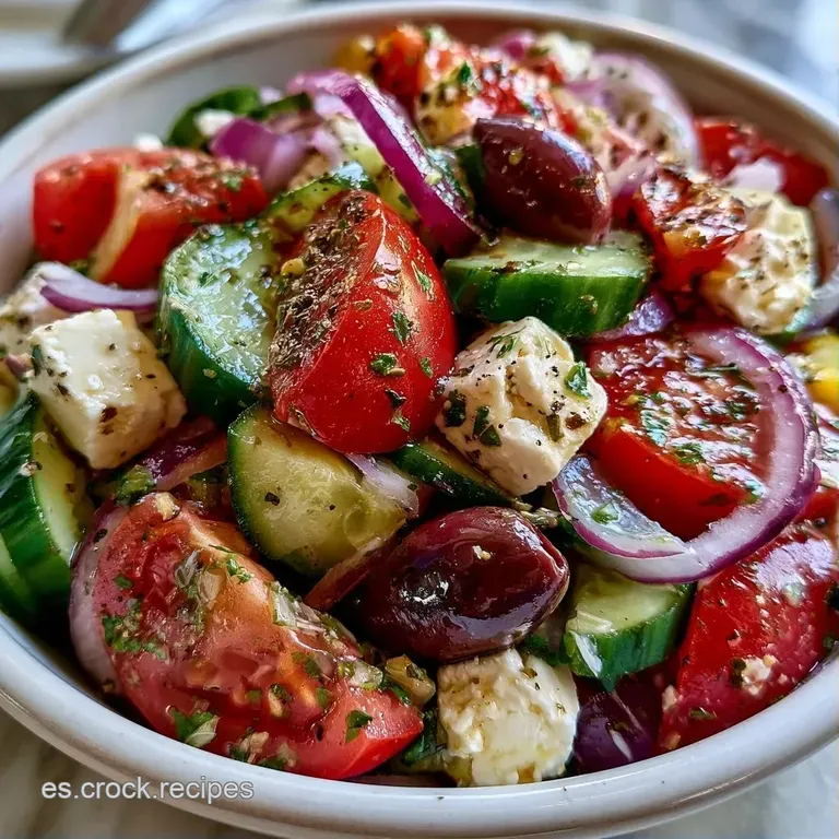 Cubos blancos de queso feta sobre rodajas frescas de pepino y tomate rojo, ba&ntilde;ados en un aceite de oliva brillante.