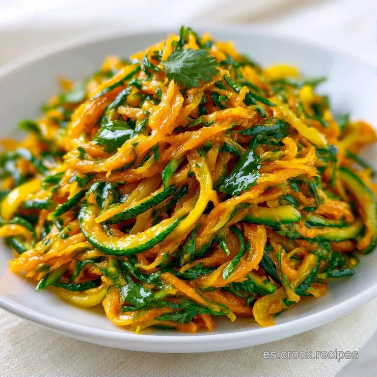 Cuenco cerámico blanco con tiras finas de pepino y zanahoria dispuestas con orden, coronadas con semillas y cilantro.