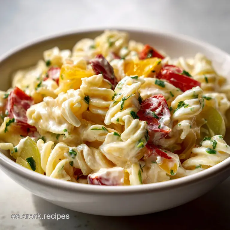 A vibrant scoop of pasta salad, artfully plated. Mayonnaise glistens, showcasing fresh herbs and colorful chopped vegetables.