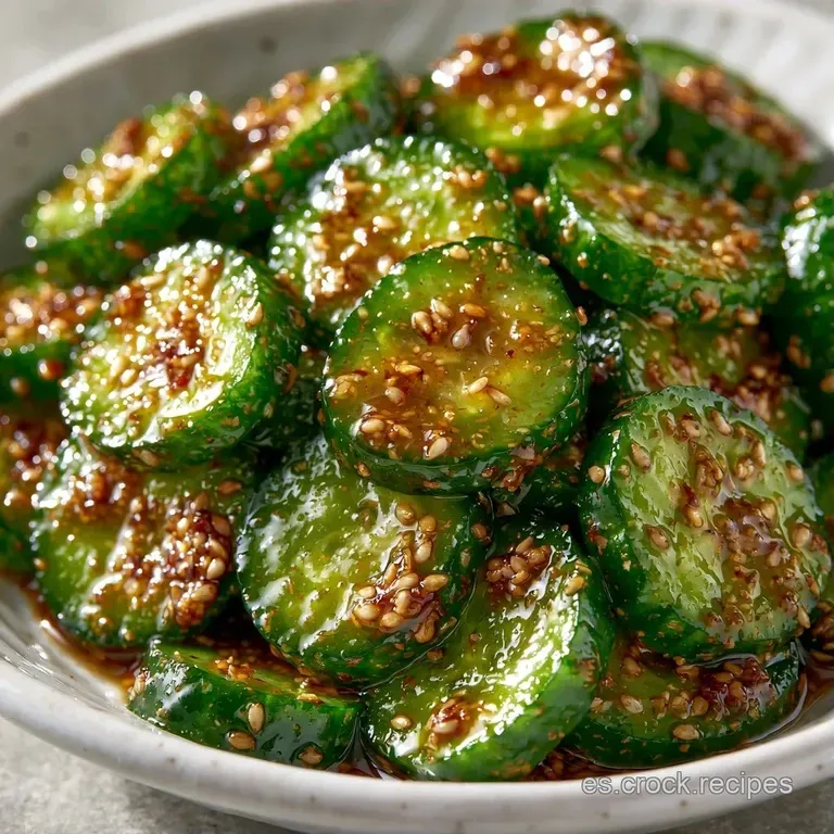 Pepinos frescos dispuestos en círculo sobre plato blanco, con un glaseado marrón brillante y toques de sésamo tostado.