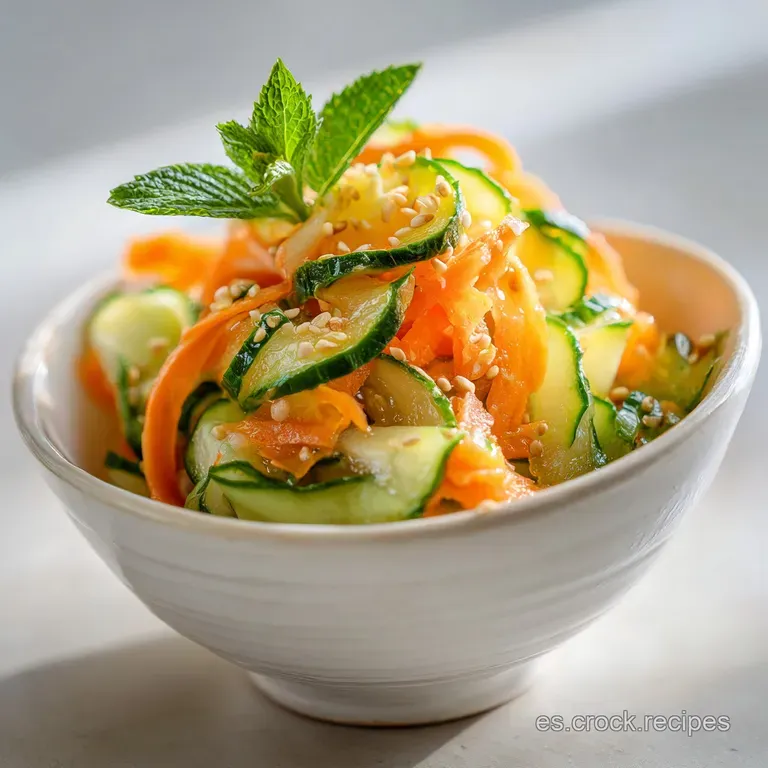 Bright & crisp cucumber carrot salad elegantly piled on a white plate, ready to be served. Visible crunchy textures.