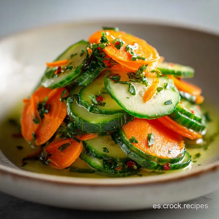Elegant cucumber carrot salad plated with a delicate scattering of herbs. A light sheen suggests a refreshing, tangy dress...