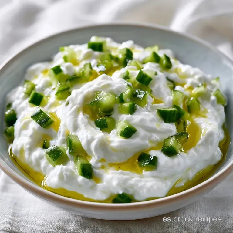 Bol de cer&aacute;mica blanca con salsa cremosa, pepinos picados y menta, decorado con gotas de aceite y pimienta negra.