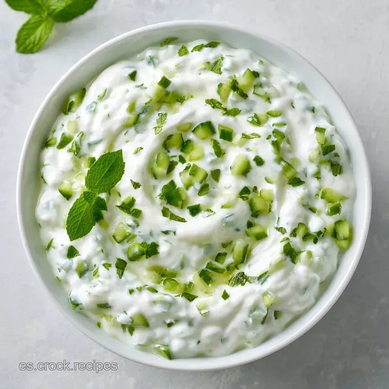 Ensalada refrescante de yogur blanco y pepinos frescos adornada con un hilo de aceite dorado y menta en plato blanco.