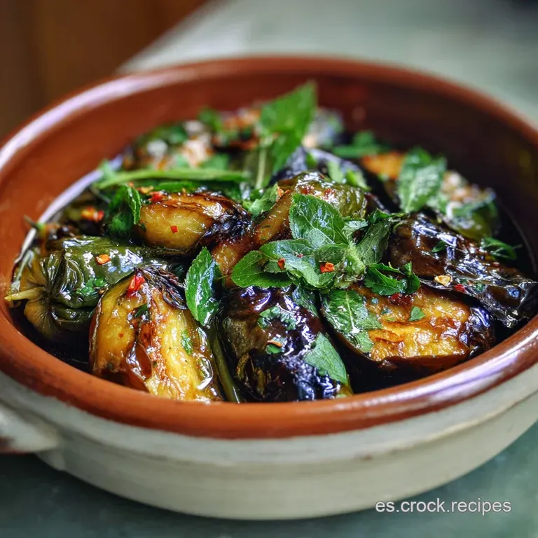 Elegant Escalivada: Grilled eggplant, peppers, onions arranged on a white plate, drizzled with olive oil, sprinkled with h...