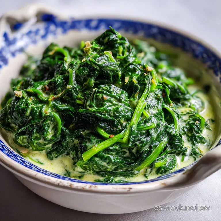 Elegant plate featuring vibrant green creamed spinach glistening with subtle oil sheen. Toasted garlic adds a golden-brown...