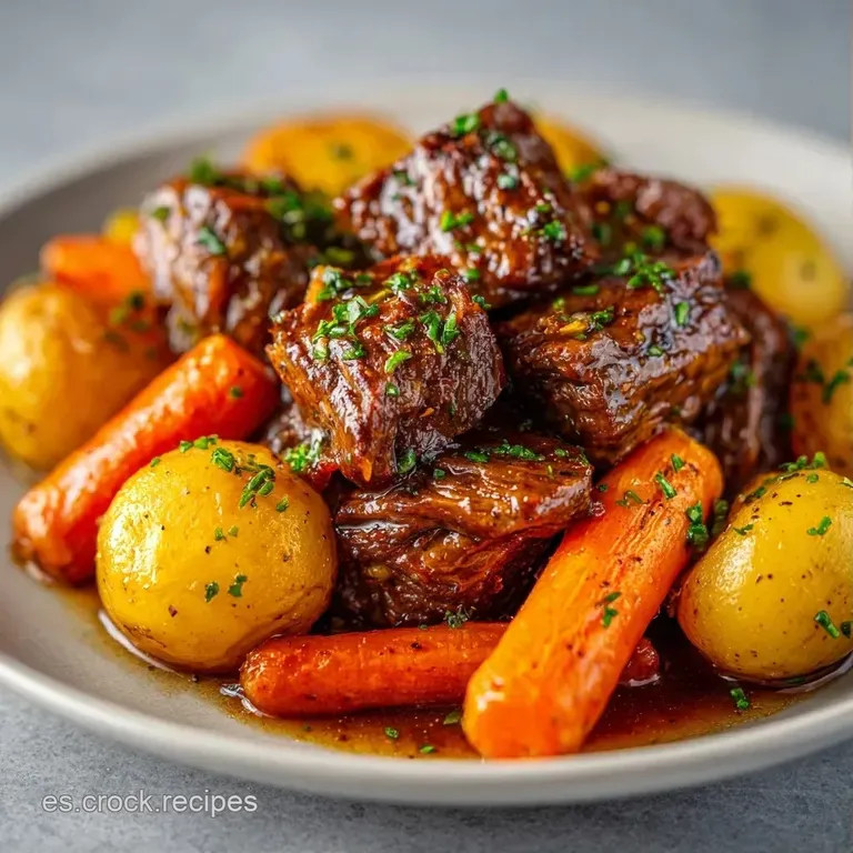 Plato blanco con carne tierna ba&ntilde;ada en salsa brillante, decorada con perejil fresco y vegetales cocidos al punto.