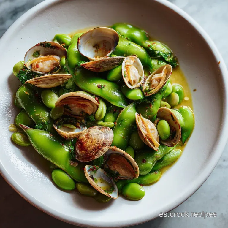 A spoonful of creamy beans and tender clams, glistening with olive oil, presented elegantly in a rustic ceramic bowl. Spri...
