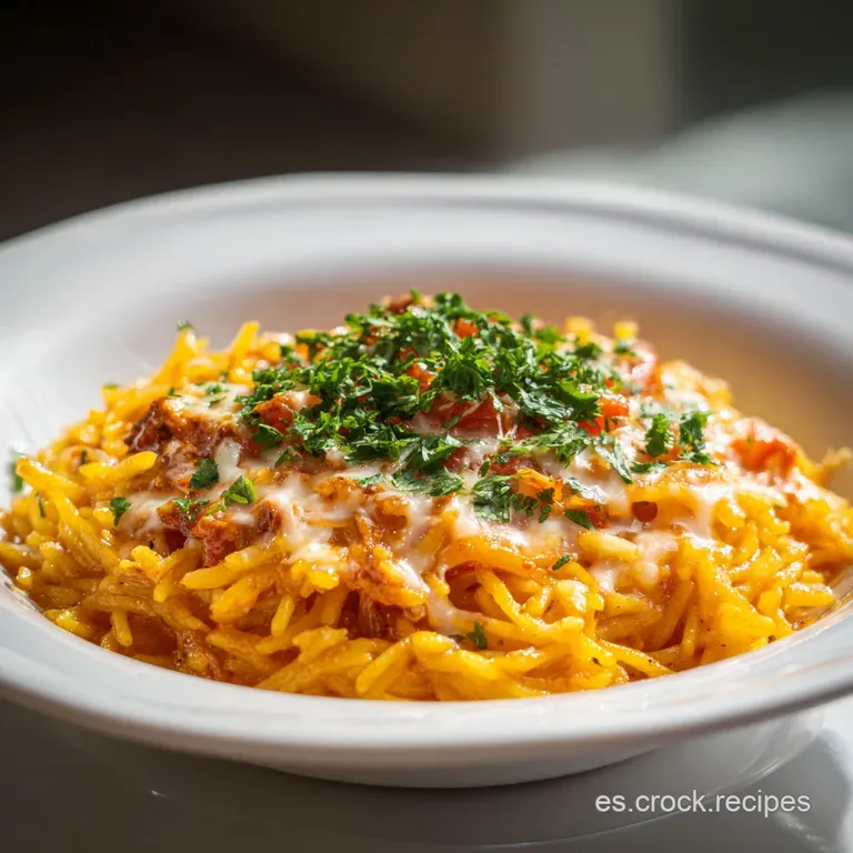 A vibrant plate of fideos, the golden noodles glistening amongst colorful vegetables and a flavorful broth, garnished with...