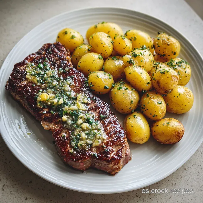 Elegant plate featuring a glistening steak bathed in garlic butter, accompanied by rosemary potatoes and vibrant lemon wed...